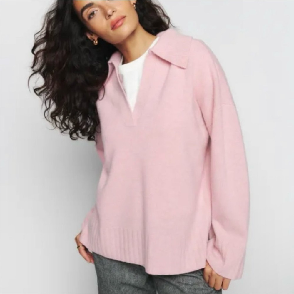 New! Reformation Otto Regenerative Wool Polo Sweater Soft Pink Sweater 🌸 XL - Picture 8 of 15